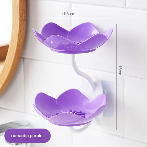 Romantic Purple Lotus Soap Dish - No-Drill Wall-Mounted Double-Layer Soap Holder | Easy-to-Install Flower-Shaped Soap Tray with Drainage for Bathroom