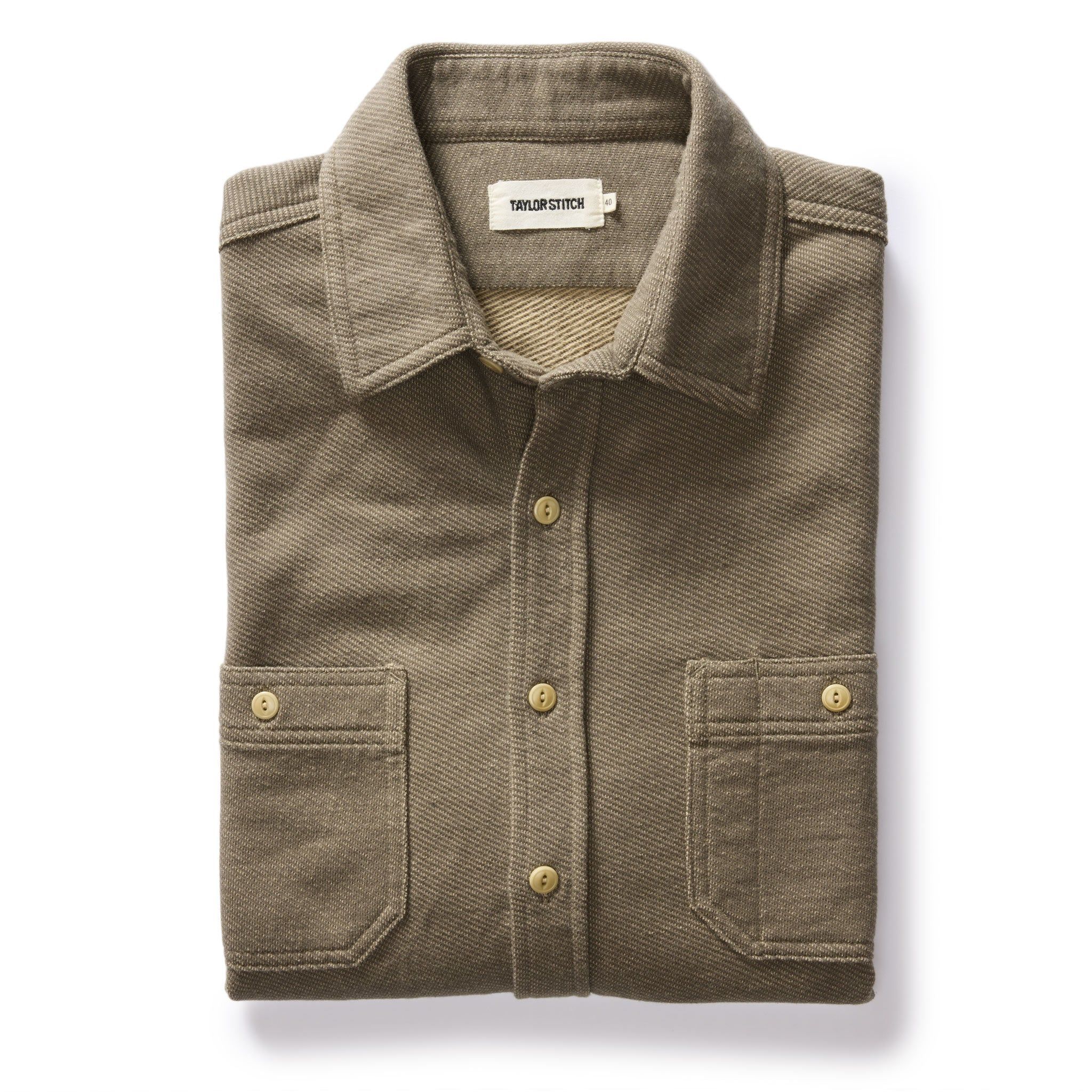 Cuesv Utility Shirt in Fatigue Olive French Terry Twill Knit