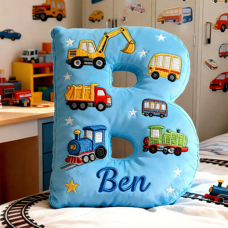 Personalized Letter Truck Custom Name Soft Decorative Gift Fun Construction Style Cozy Bedroom Colorful Car Bus Crane Vehicle Cute Boy Room Playtime Graphic 3D Print Pillow