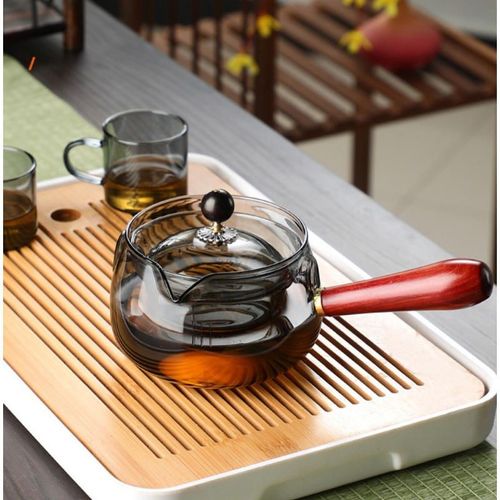 500ml High Borosilicate Gray clear Glass Tea Pot With Rotate the Lid 360 Degrees and Side Wooden Handle