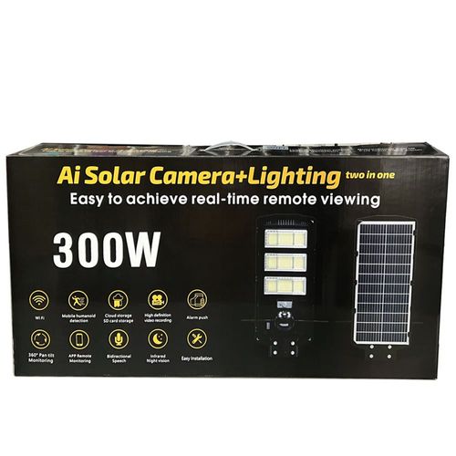 300-watt outdoor solar-powered LED floodlight with a surveillance camera, an integrated solar street light
