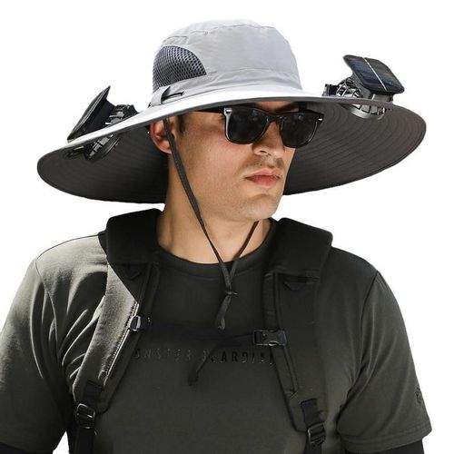 A bucket hat with a solar-powered fan that has dual charging functions, and its wide brim can effectively block ultraviolet rays.