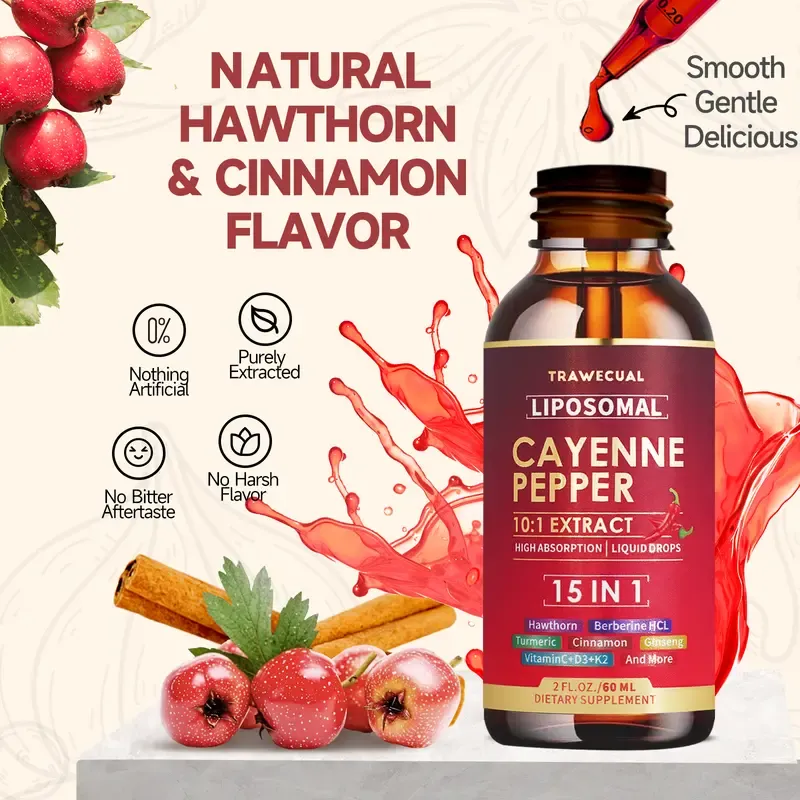 2026 Liposomal Cayenne Pepper Liquid Drops 15-in-1 Formula | Berberine, D3 K2, Beet Root, Ginseng | Circulatory Health, Metabolism & Energy Boost, Digestive Support | 1 Fl Oz (30ml) Natural Dietary