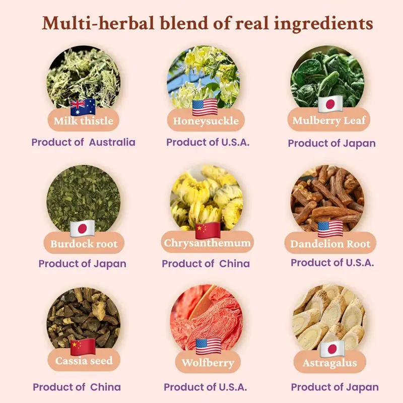 Liver and Kidney Detox Cleanse Tea - Milk Thistle GojiBerry Dandelion root Honeysuckle, Hand-picked 9 Organic Herbs, Edible corn fiber tea bags, Beverage Natural