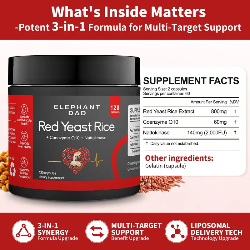 ELEPHANT DAD Red Yeast Rice 1000mg with Nattokinase & CoQ10 - Extra Strength Natto Extract Supplement for Cholesterol & Heart Support - 120 Capsules