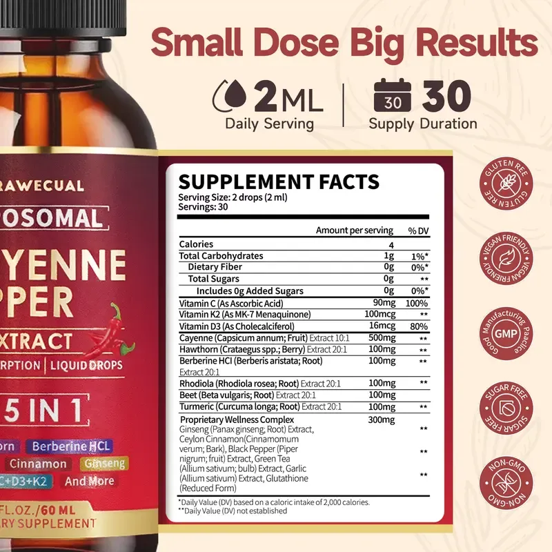 2026 Liposomal Cayenne Pepper Liquid Drops 15-in-1 Formula | Berberine, D3 K2, Beet Root, Ginseng | Circulatory Health, Metabolism & Energy Boost, Digestive Support | 1 Fl Oz (30ml) Natural Dietary