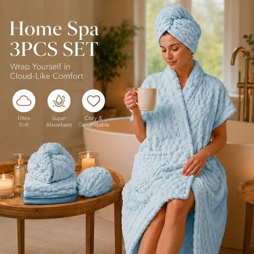 This 3-piece wearable bath towel spa care set includes: 1 wearable bath towel, 1 hand towel, and 1 hair drying cap.