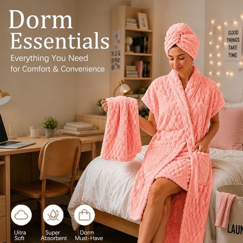 This 3-piece wearable bath towel spa care set includes: 1 wearable bath towel, 1 hand towel, and 1 hair drying cap.