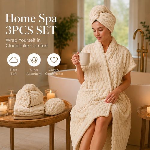 This 3-piece wearable bath towel spa care set includes: 1 wearable bath towel, 1 hand towel, and 1 hair drying cap.