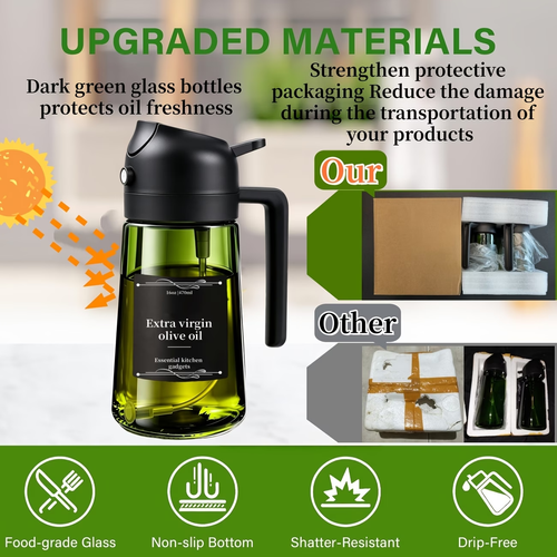 Cooking Oil Dispenser Sprayer for Cooking 2 in 1 Spray and Pour Dark Green Glass Oil Bottle with Stickers,16oz  470ml Oil Sprayer