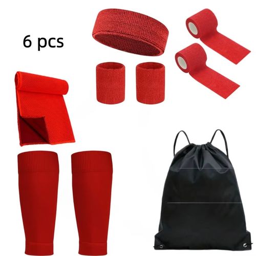 6Piece Set Soccer Basketball Sports Headband  Wristband Breathable Towel Bandage  Compression Socks Leg Sleeves and Soccer Bag.
