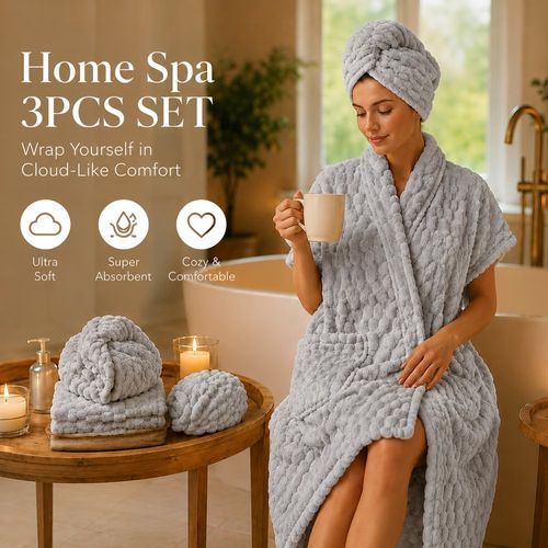 This 3-piece wearable bath towel spa care set includes: 1 wearable bath towel, 1 hand towel, and 1 hair drying cap.