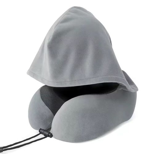 Memory Foam Hooded U-Shaped Travel Pillow with Detachable Cover Portable Neck Support for Airplane Office Nap Car and Home Use