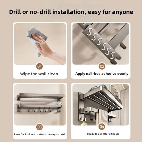 50cm Bathroom Towel Rack Suction Cup No Drilling Bathroom Storage Rack Space Saving Foldable Wall Mount Towel Holder Home