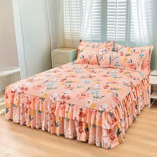 3-Piece Floral Ruffled Bed Skirt Set
