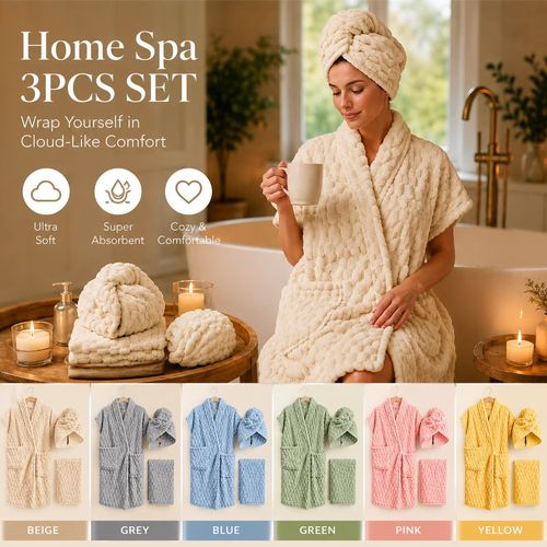 This 3-piece wearable bath towel spa care set includes: 1 wearable bath towel, 1 hand towel, and 1 hair drying cap.