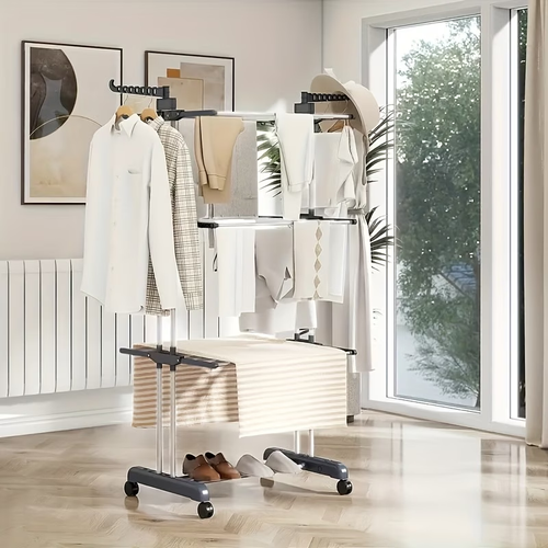 🧺✨ Maximize your space with the Sakerplus Foldable Extensible Stainless Steel Drying Rack! Four tiers of drying, pull-out rods, and extendable arms give you plenty of room—yet it folds flat and rolls away when not in use. 🏡🚿 Rust-resistant steel frame, lockable wheels, and tool-free setup make laundry time easier in apartments, family