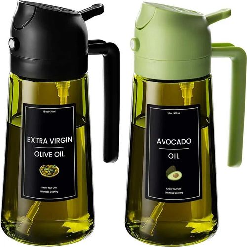 Cooking Oil Dispenser Sprayer for Cooking 2 in 1 Spray and Pour Dark Green Glass Oil Bottle with Stickers,16oz  470ml Oil Sprayer