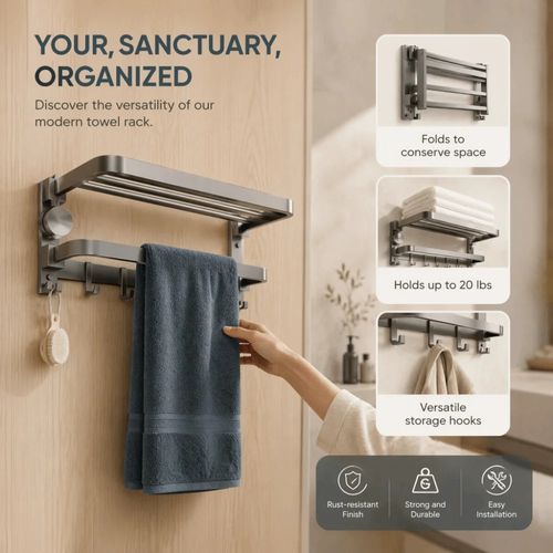 50cm Bathroom Towel Rack Suction Cup No Drilling Bathroom Storage Rack Space Saving Foldable Wall Mount Towel Holder Home