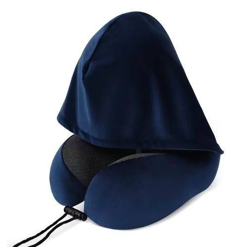 Memory Foam Hooded U-Shaped Travel Pillow with Detachable Cover Portable Neck Support for Airplane Office Nap Car and Home Use