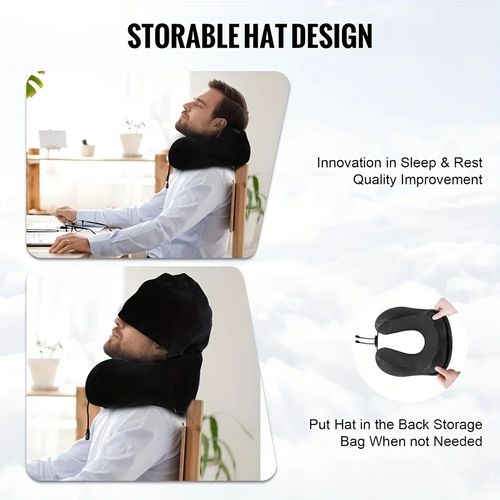 Memory Foam Hooded U-Shaped Travel Pillow with Detachable Cover Portable Neck Support for Airplane Office Nap Car and Home Use