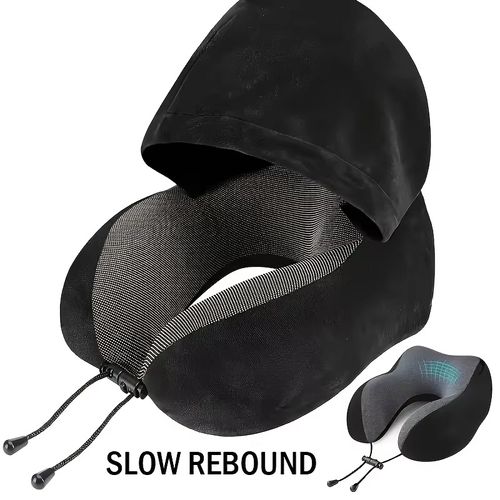 Memory Foam Hooded U-Shaped Travel Pillow with Detachable Cover Portable Neck Support for Airplane Office Nap Car and Home Use