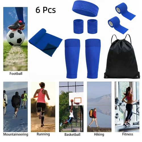 6Piece Set Soccer Basketball Sports Headband  Wristband Breathable Towel Bandage  Compression Socks Leg Sleeves and Soccer Bag.