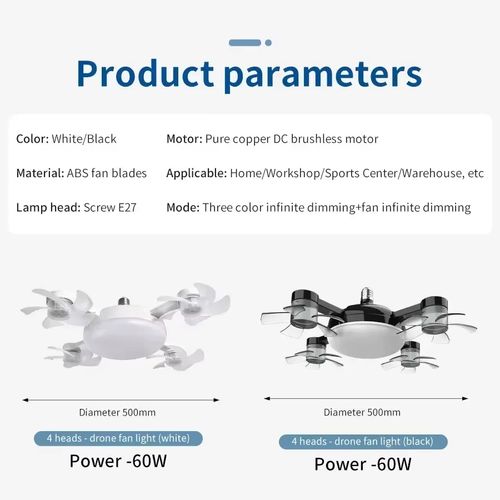4 Heads Drone Style E27 Ceiling Fan Light 2-in-1 AC85-265V Three Colors LED Fan Lamp With Remote Control For Home Restaurant
