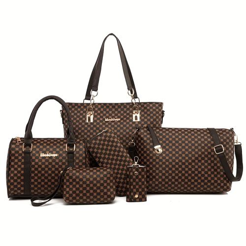 🌸6-piece multi-functional tote bag set. 🪻Stylish and simple floral print design. High-quality leather. 🌿Large capacity. Shoulder  crossbody bag. ✨A must-have for daily commutes and travel.