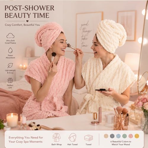 This 3-piece wearable bath towel spa care set includes: 1 wearable bath towel, 1 hand towel, and 1 hair drying cap.