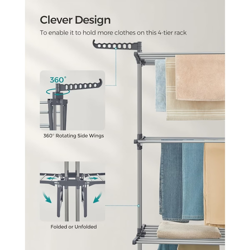🧺✨ Maximize your space with the Sakerplus Foldable Extensible Stainless Steel Drying Rack! Four tiers of drying, pull-out rods, and extendable arms give you plenty of room—yet it folds flat and rolls away when not in use. 🏡🚿 Rust-resistant steel frame, lockable wheels, and tool-free setup make laundry time easier in apartments, family