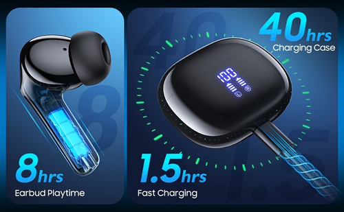 Bluetooth Earbuds with 40-Hour Battery Life (via Charging Case) – V5.3, Touch-Controlled, Hi-Fi Stereo, ENC Noise-Canceling Microphone, LED Battery Display, Deep Bass, Crystal-Clear Calls – Ideal for Sports and Fitness