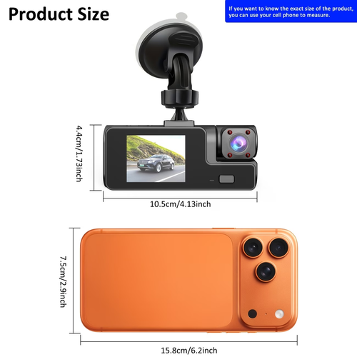 Dash Cam  Front   Interior Dual-Recording  1080P Front    720P Interior, 170° Wide-Angle Lens with Night Vision, Compact In-Car DVR, 24-Hour Parking Monitoring, Loop Recording, G-Sensor (SD card not included)