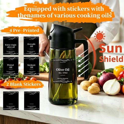 Cooking Oil Dispenser Sprayer for Cooking 2 in 1 Spray and Pour Dark Green Glass Oil Bottle with Stickers,16oz  470ml Oil Sprayer