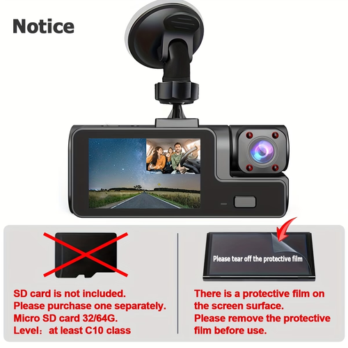 Dash Cam  Front   Interior Dual-Recording  1080P Front    720P Interior, 170° Wide-Angle Lens with Night Vision, Compact In-Car DVR, 24-Hour Parking Monitoring, Loop Recording, G-Sensor (SD card not included)