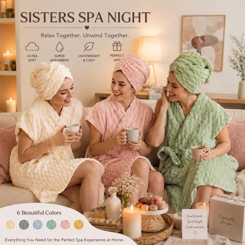 This 3-piece wearable bath towel spa care set includes: 1 wearable bath towel, 1 hand towel, and 1 hair drying cap.