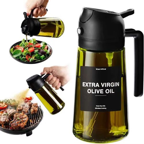 Cooking Oil Dispenser Sprayer for Cooking 2 in 1 Spray and Pour Dark Green Glass Oil Bottle with Stickers,16oz  470ml Oil Sprayer