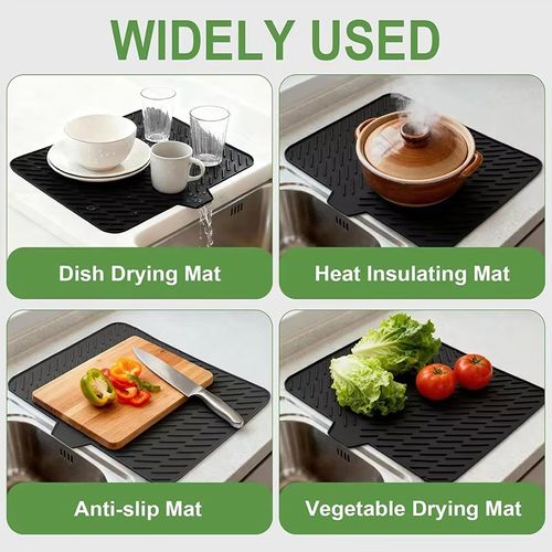 Silicone Dish Drying Mat Non-slipping Heat-Resistant Kitchen Hygienic Drying Pad Foldable Dish Rack Mat with Built-in Drain Lip