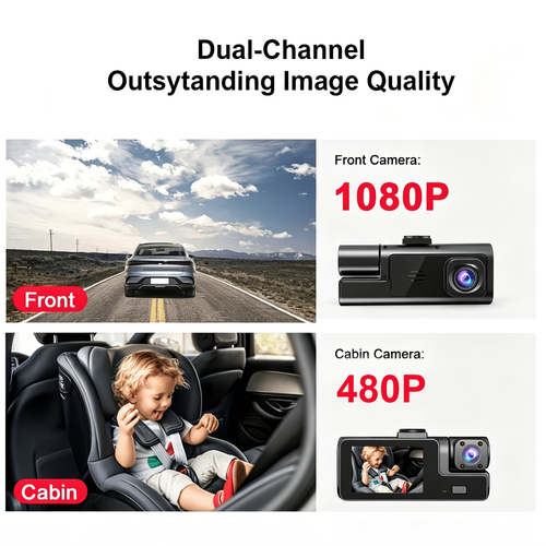 Dash Cam  Front   Interior Dual-Recording  1080P Front    720P Interior, 170° Wide-Angle Lens with Night Vision, Compact In-Car DVR, 24-Hour Parking Monitoring, Loop Recording, G-Sensor (SD card not included)
