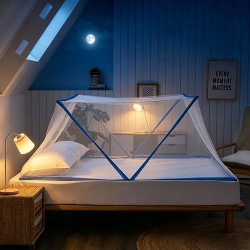 🦟 Folding Mosquito Net, Blue & Pink Polyester Mesh ✨ Quick Installation, No Assembly Required 🎒 Lightweight & Portable 🏡 Ideal Choice for Home Use with Elegant Minimalist Design