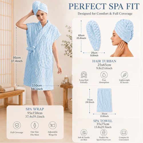 This 3-piece wearable bath towel spa care set includes: 1 wearable bath towel, 1 hand towel, and 1 hair drying cap.