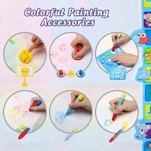 Kids Magic Water Canvas Aqua Doodle Mat Reusable Mess-Free Painting Pad Educational Toy with Pens Stamps No Mess Gift for Toddle