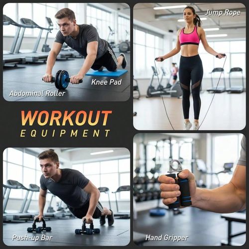 7-Piece Complete Ab Workout Set – Includes Push-up Bars, Ab Roller, Mini Mat, Resistance Bands, Jump Rope, and Hand Gripper – Strengthen Core, Build Muscle, and Burn Fat