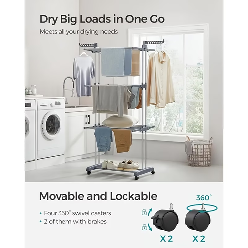 🧺✨ Maximize your space with the Sakerplus Foldable Extensible Stainless Steel Drying Rack! Four tiers of drying, pull-out rods, and extendable arms give you plenty of room—yet it folds flat and rolls away when not in use. 🏡🚿 Rust-resistant steel frame, lockable wheels, and tool-free setup make laundry time easier in apartments, family