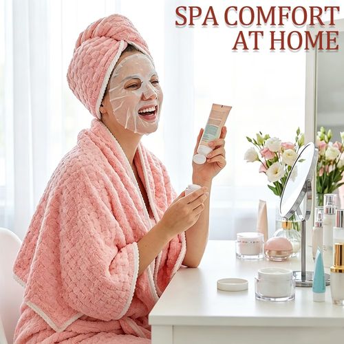 This 3-piece wearable bath towel spa care set includes: 1 wearable bath towel, 1 hand towel, and 1 hair drying cap.