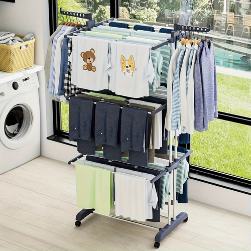 🧺✨ Maximize your space with the Sakerplus Foldable Extensible Stainless Steel Drying Rack! Four tiers of drying, pull-out rods, and extendable arms give you plenty of room—yet it folds flat and rolls away when not in use. 🏡🚿 Rust-resistant steel frame, lockable wheels, and tool-free setup make laundry time easier in apartments, family