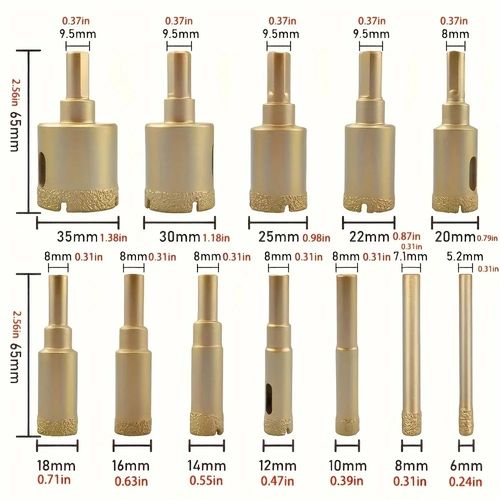 12pcs Diamond Drill Bit Set for Glass, Marble & Stone - 6-35mm Hole Saw Kit with Hand Tools, Granite, Tile, Ceramic