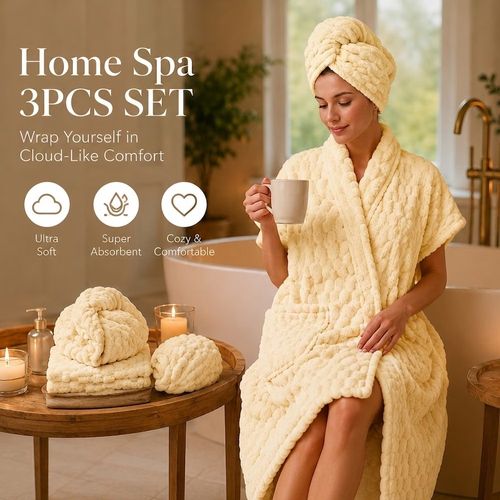 This 3-piece wearable bath towel spa care set includes: 1 wearable bath towel, 1 hand towel, and 1 hair drying cap.