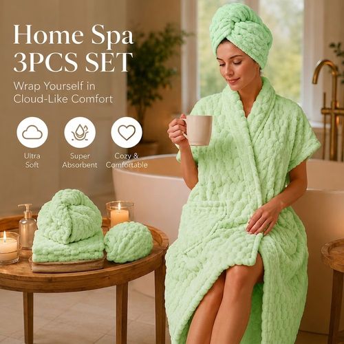 This 3-piece wearable bath towel spa care set includes: 1 wearable bath towel, 1 hand towel, and 1 hair drying cap.