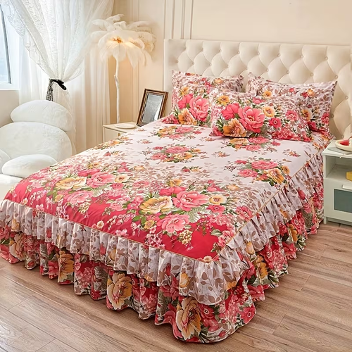 3-Piece Floral Ruffled Bed Skirt Set